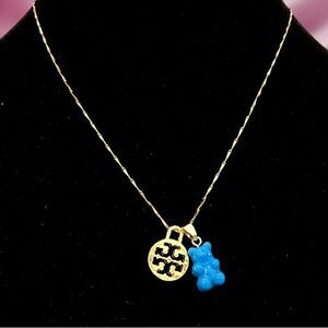 TORY BURCH 18K GOLD LOGO CHARM WITH NOSTALGIC GUMMY BEAR CHARM PENDANT NECKLACE